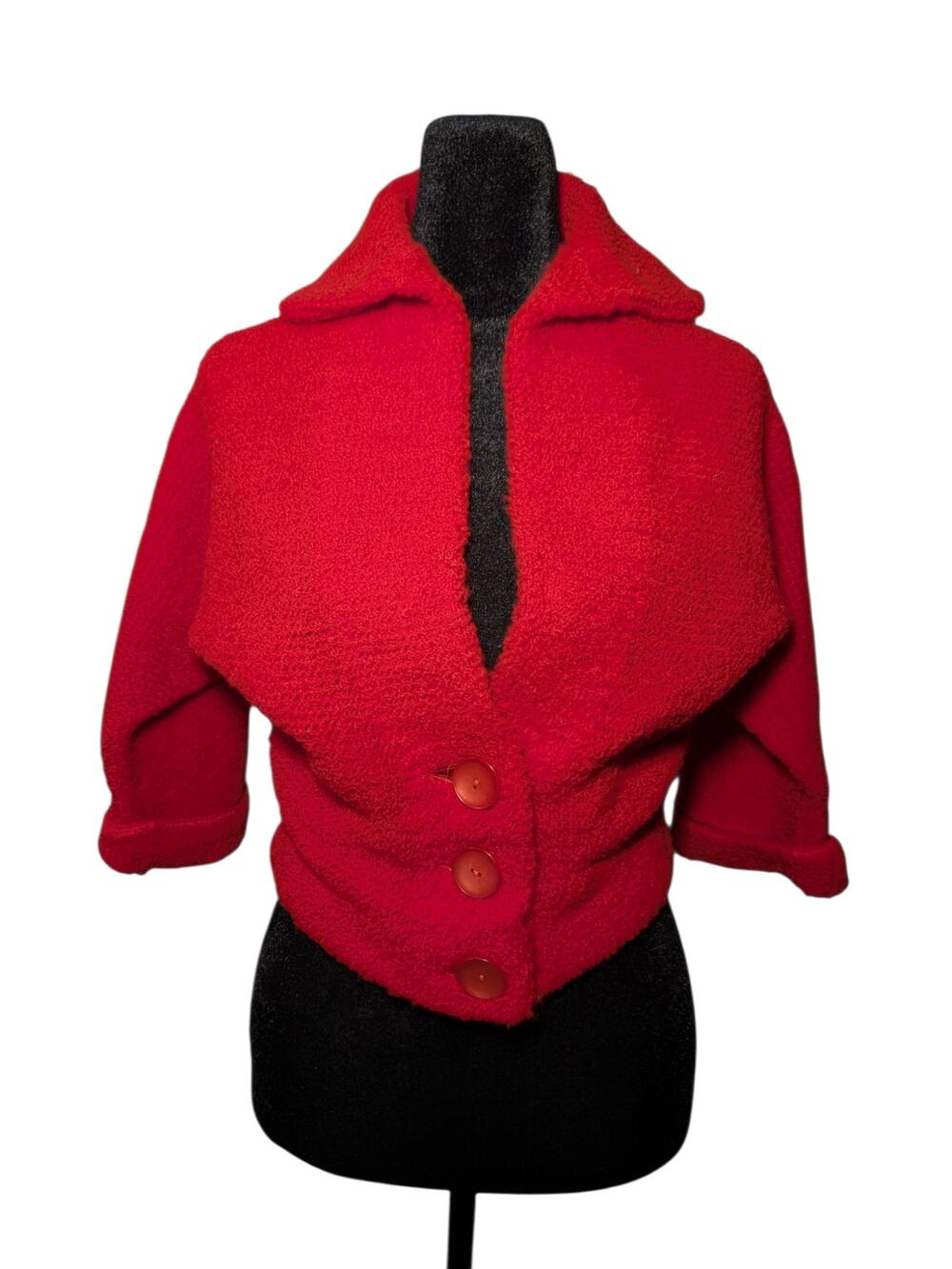 Vtg Debbie Dean Red Wool Shabby Chic Coquette Cropped Knit Sweater Size Medium